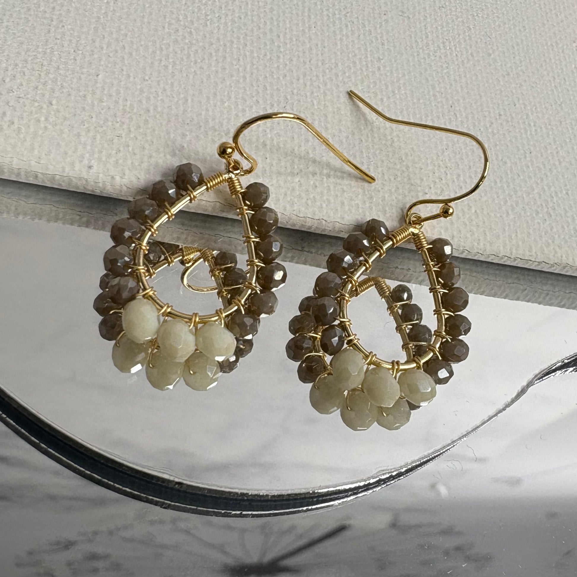 Aurora Crafted Style-Petite Teardrop in Khaki & Pearl (gold)-Earrings-Aurora Crafted Jewellery-