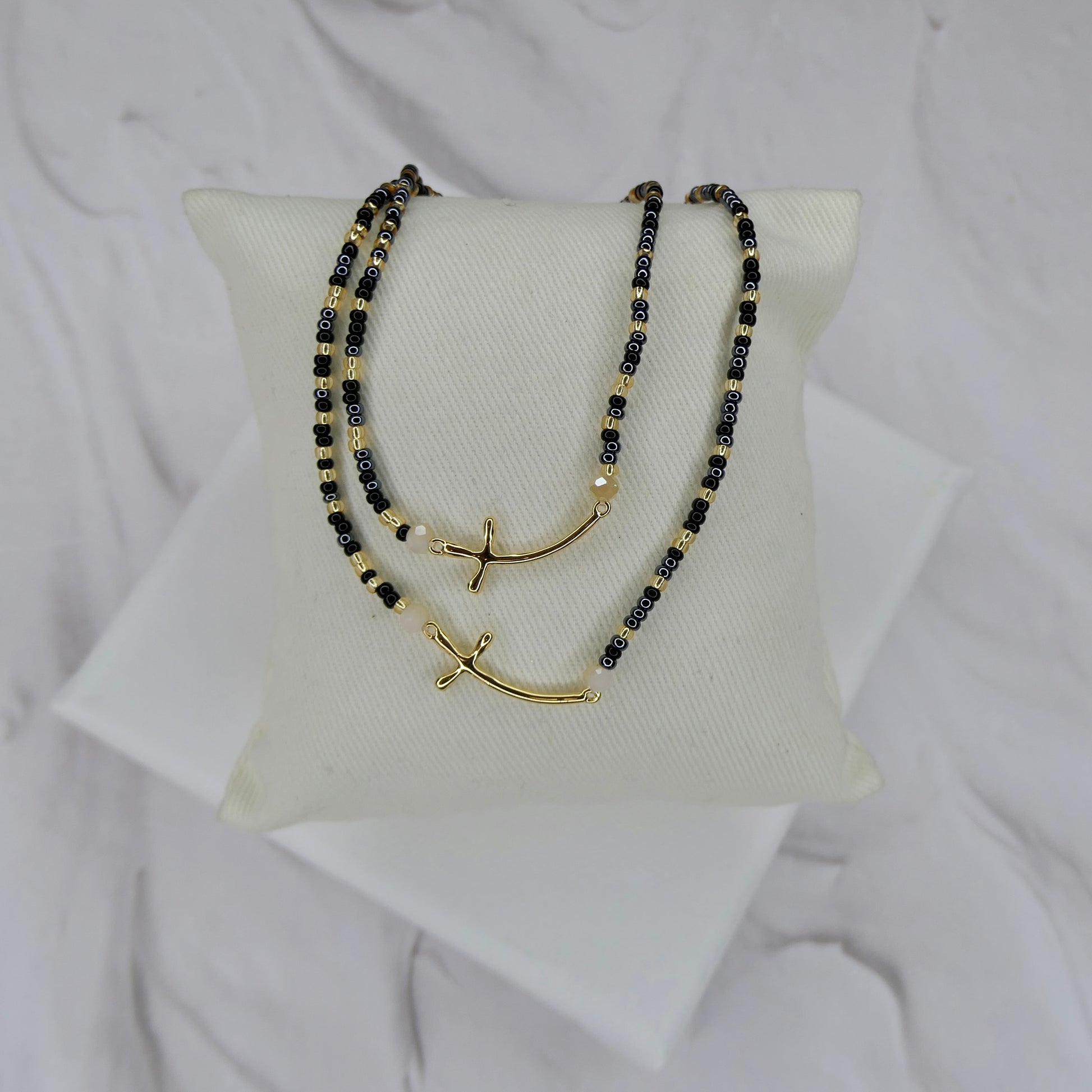 Aurora Crafted Style-Cross Beaded Necklace (Gold)-NECKLACES-Aurora Crafted Jewellery-