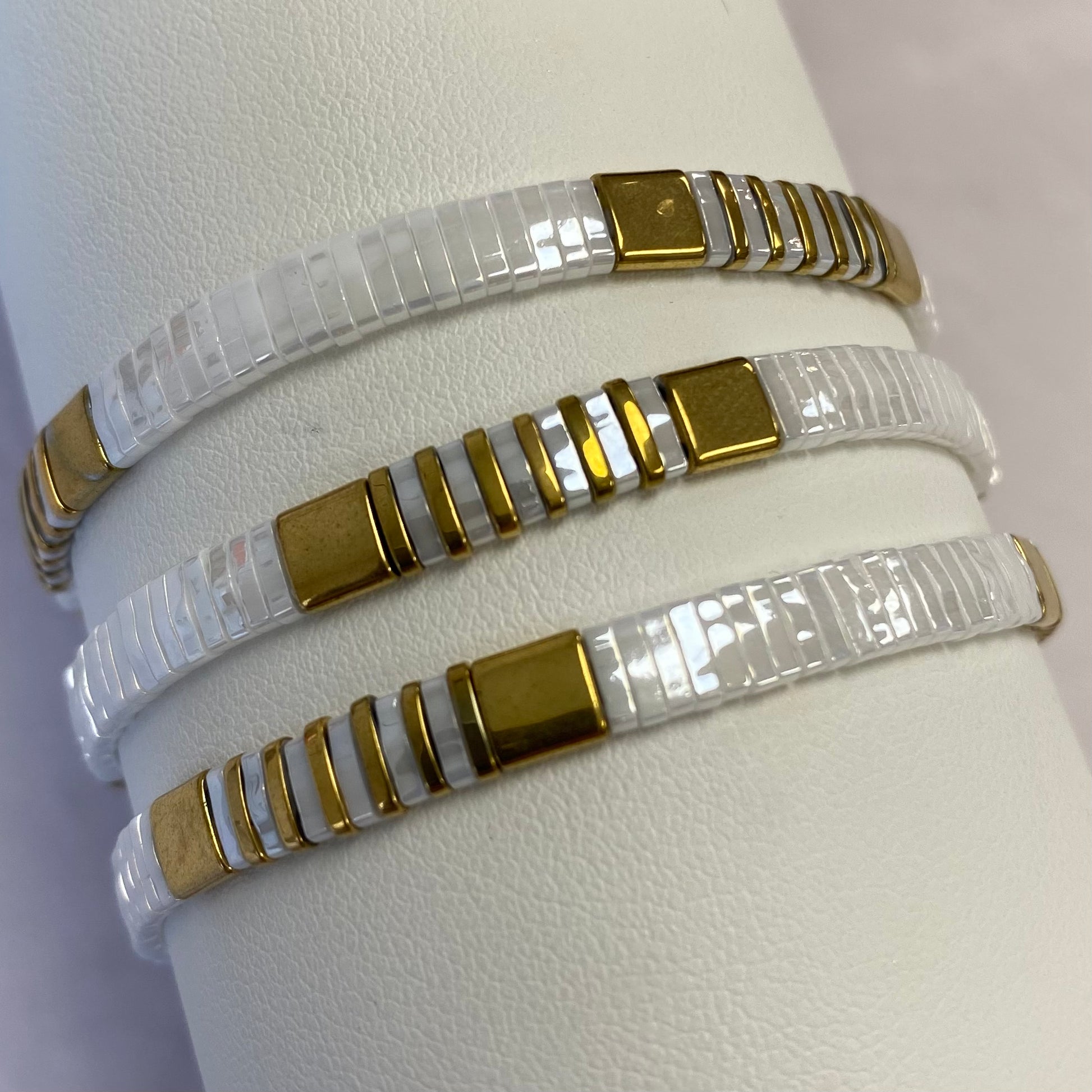 Aurora Crafted Style-Tila Bracelet Pearly White & Gold 1-BRACELETS-Aurora Crafted Jewellery-