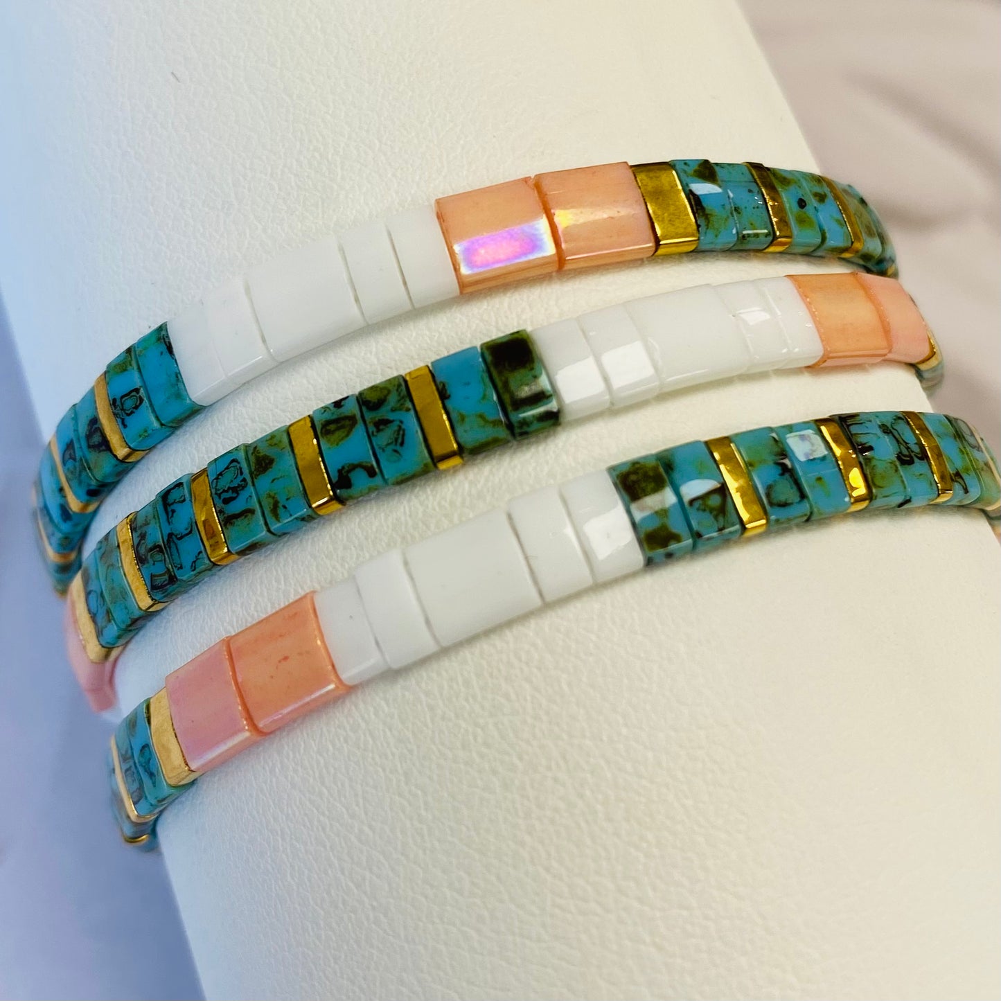 Aurora Crafted Style-Tila Bracelet Mottled Turquoise & Soft Peach-BRACELETS-Aurora Crafted Jewellery-