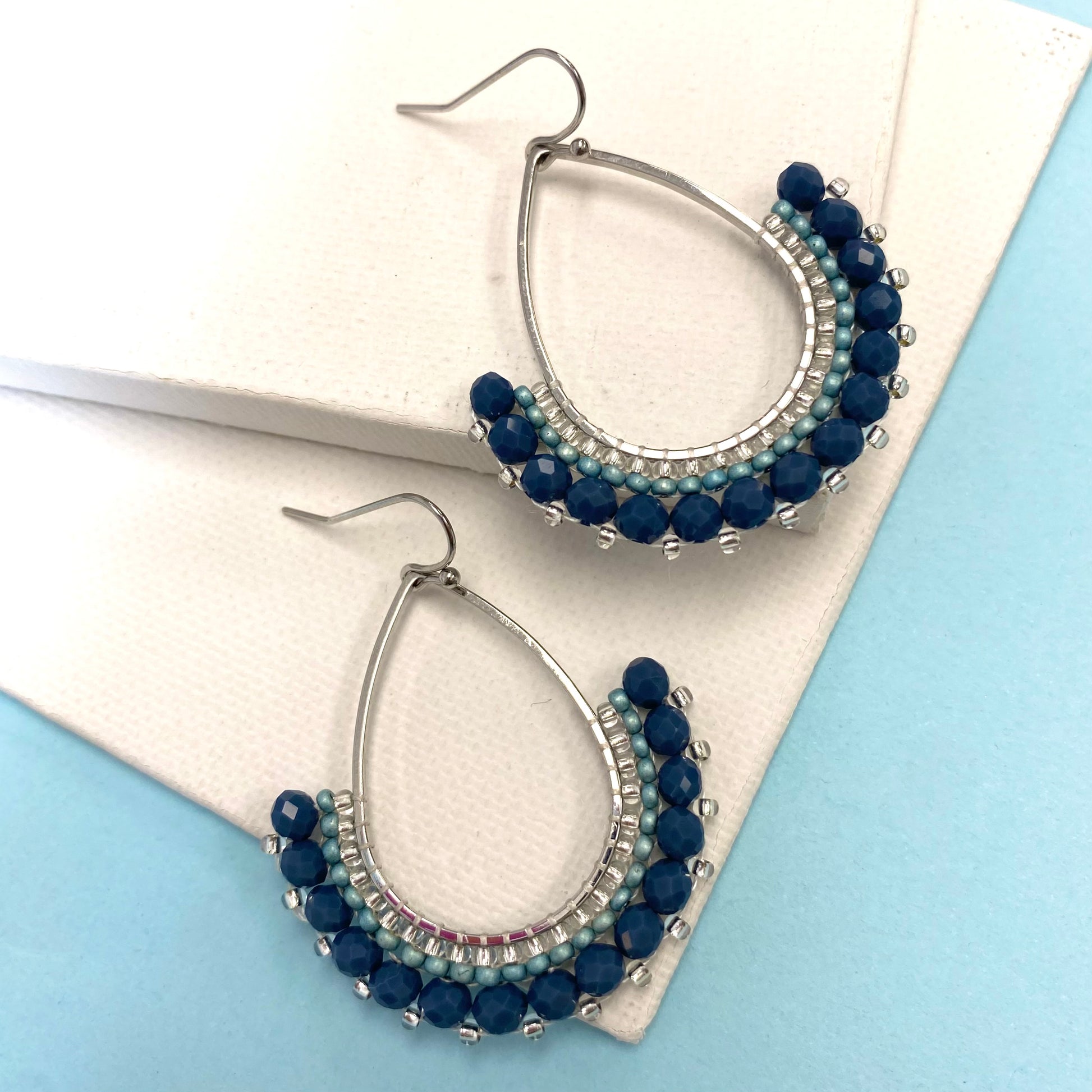 Aurora Crafted Style-Half Frida in Denim & Sea Green (Silver)-Earrings-Aurora Crafted Jewellery-