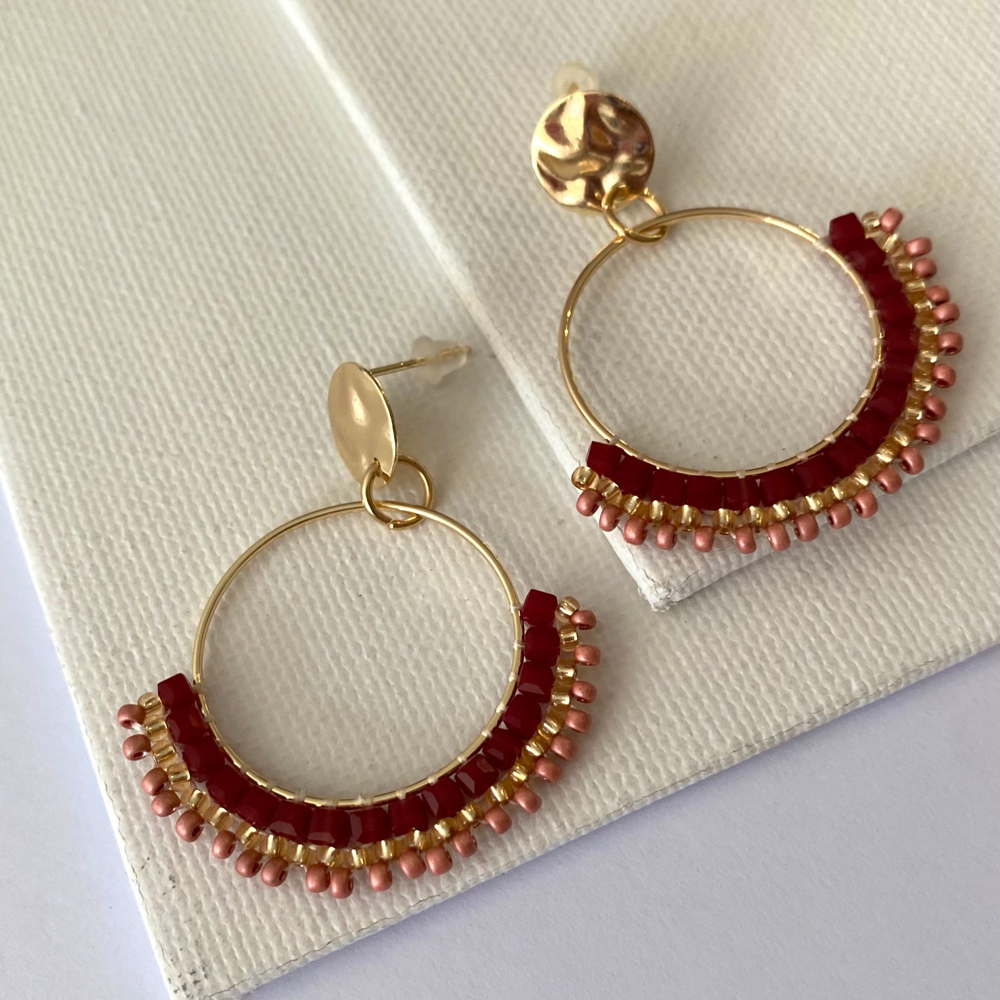 Aurora Crafted Style-Half Mosaic Stud in Bordeaux & Winter Pink (Gold)-Earrings-Aurora Crafted Jewellery-