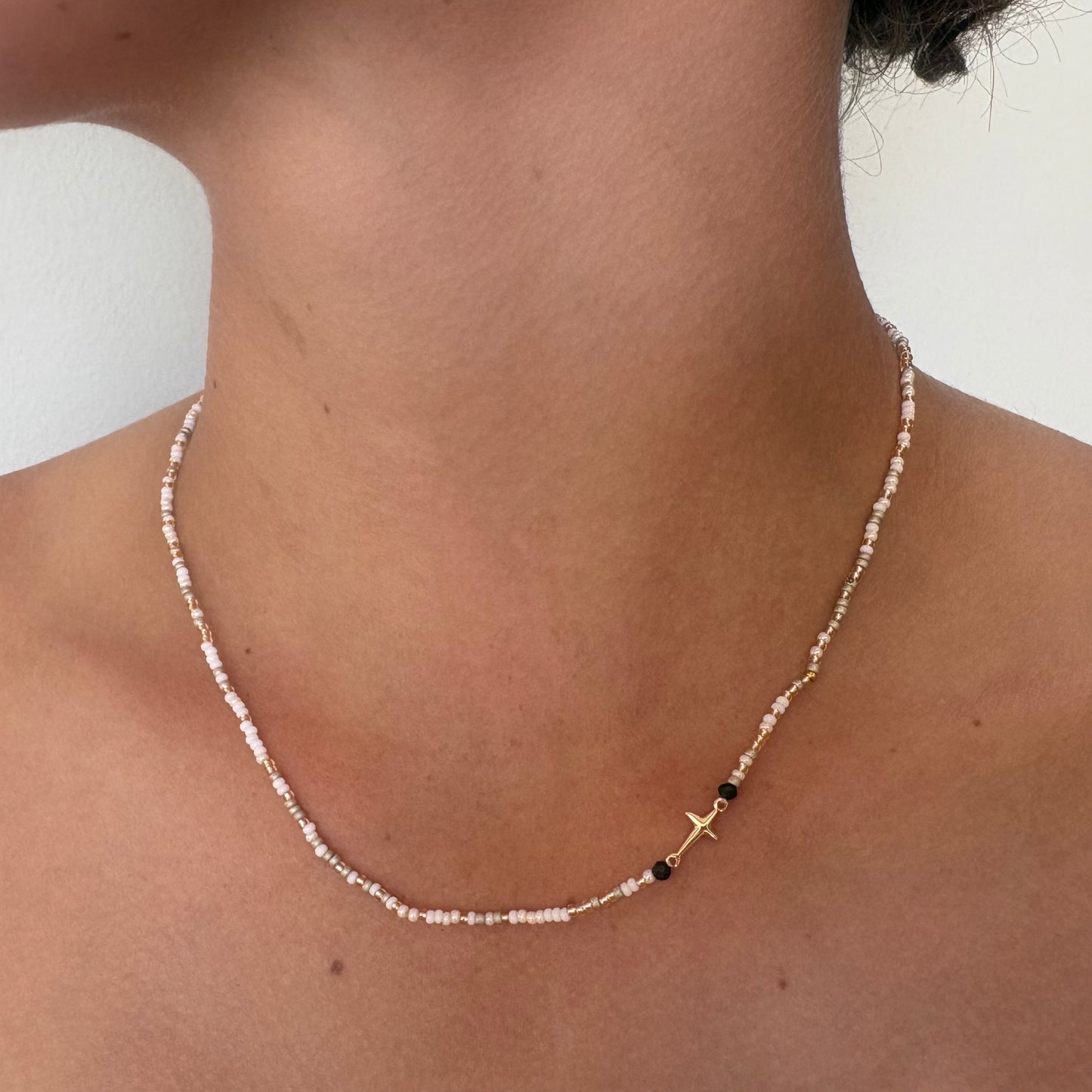 Aurora Crafted Style-Beaded Cross Necklace in Soft Neutrals (Gold)-NECKLACES-Aurora Crafted Jewellery-