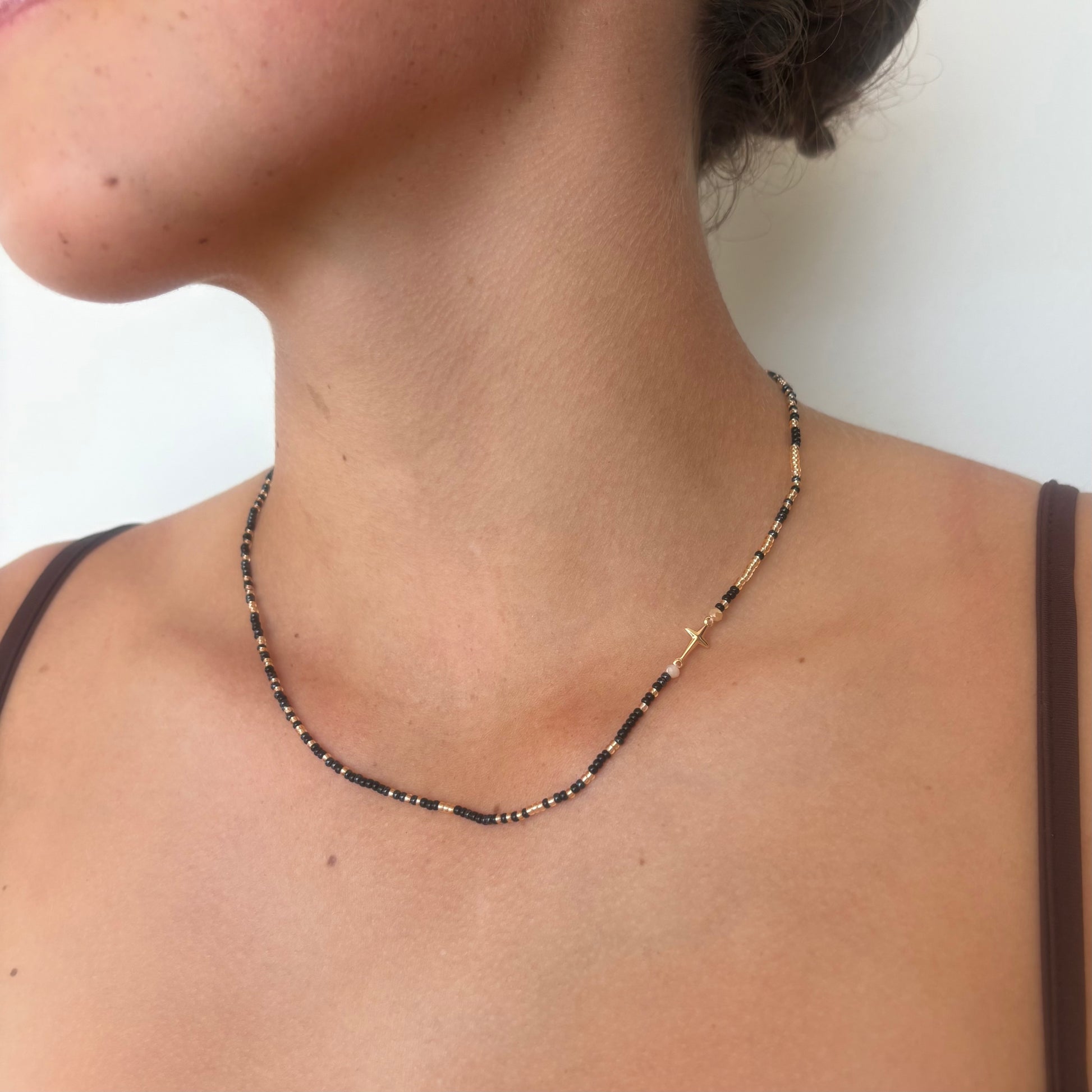 Aurora Crafted Style-Beaded Cross Necklace in Black & Gorgeous Grey (Gold)-NECKLACES-Aurora Crafted Jewellery-