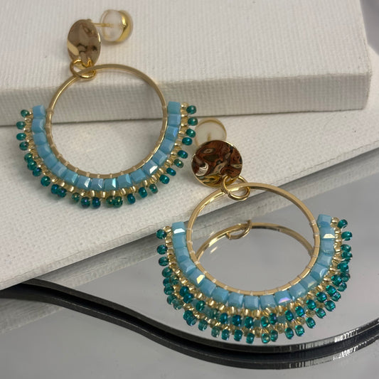 Aurora Crafted Style-Half Mosaic Stud in Turquoise & Teal (gold)-Earrings-Aurora Crafted Jewellery-