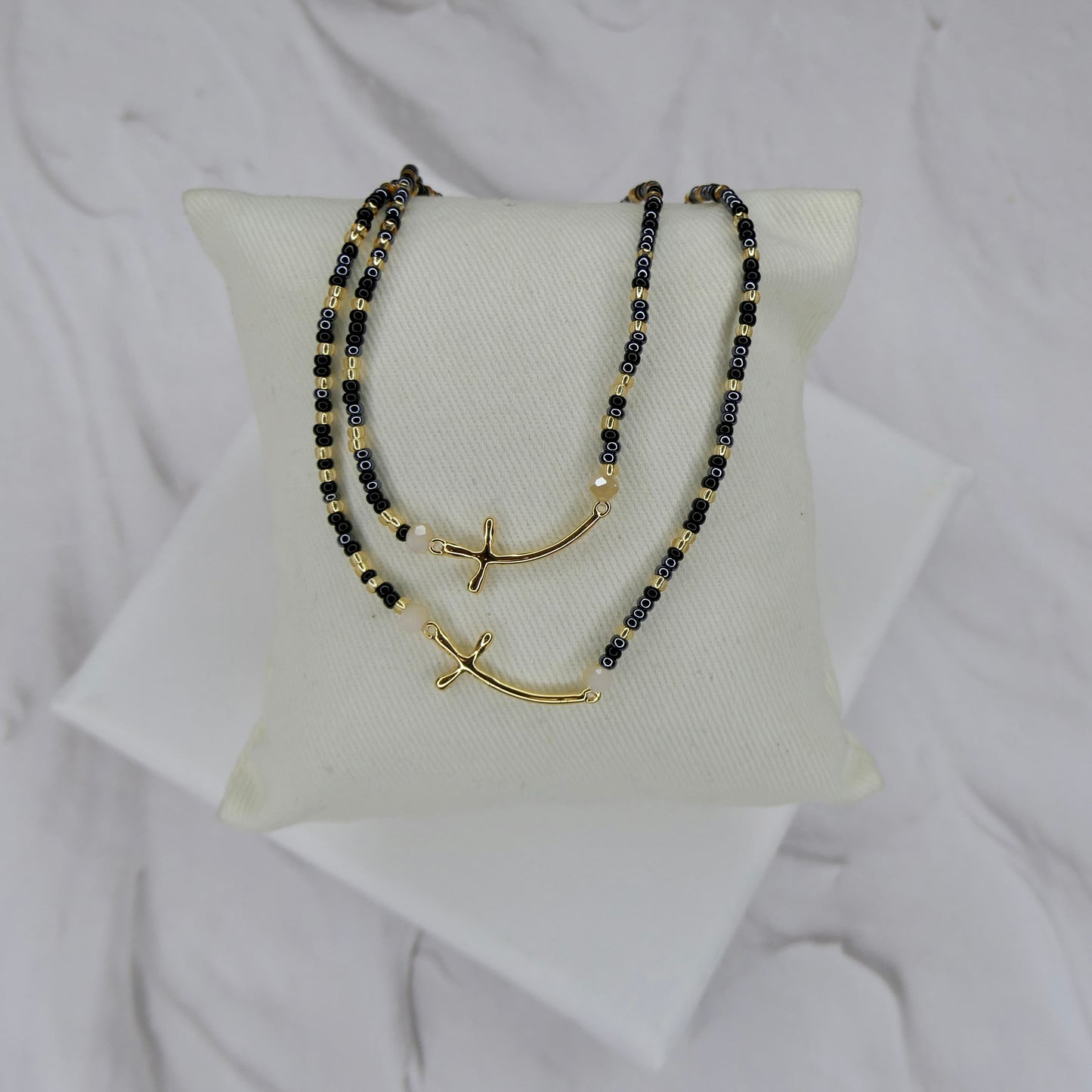 Aurora Crafted Style-Cross Beaded Necklace (Gold)-NECKLACES-Aurora Crafted Jewellery-