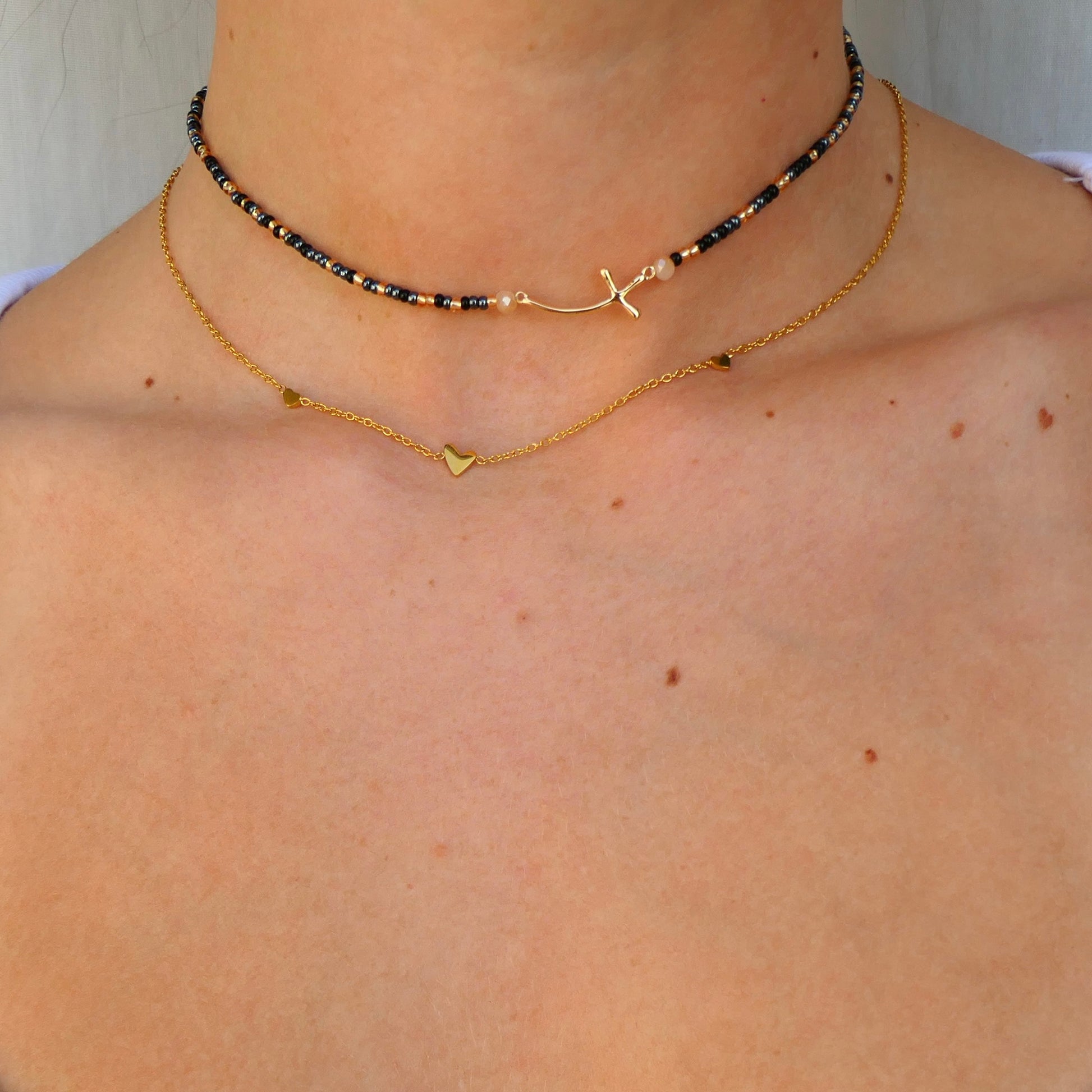 Aurora Crafted Style-Cross Beaded Necklace (Gold)-NECKLACES-Aurora Crafted Jewellery-