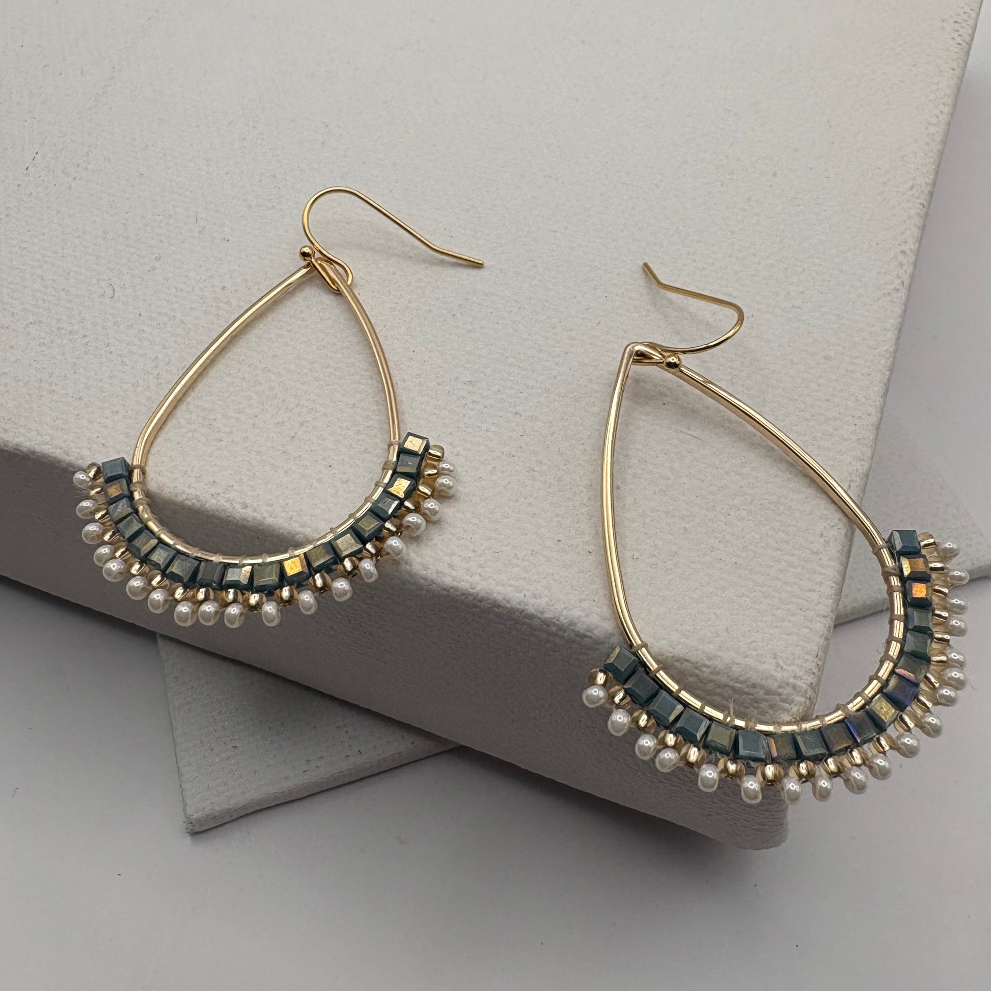 Aurora Crafted Style-Half Mosaic Oasis & Pearl (Gold)-Earrings-Aurora Crafted Jewellery-