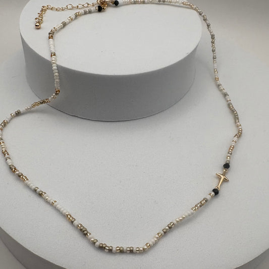 Aurora Crafted Style-Beaded Cross Necklace in Soft Neutrals (Gold)-NECKLACES-Aurora Crafted Jewellery-