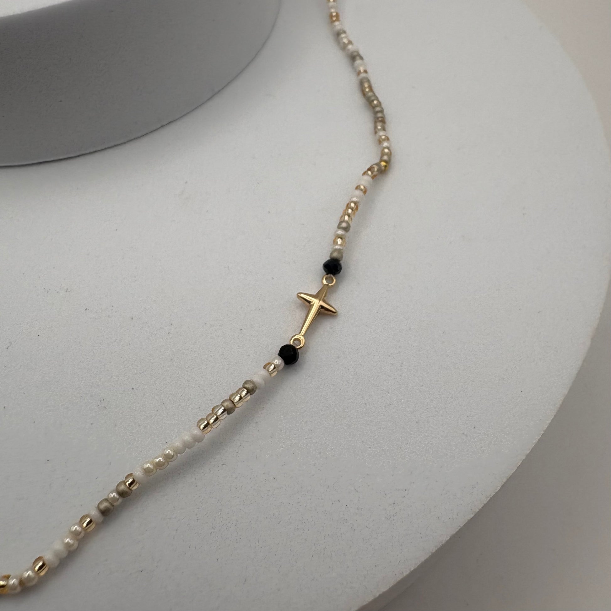 Aurora Crafted Style-Beaded Cross Necklace in Soft Neutrals (Gold)-NECKLACES-Aurora Crafted Jewellery-
