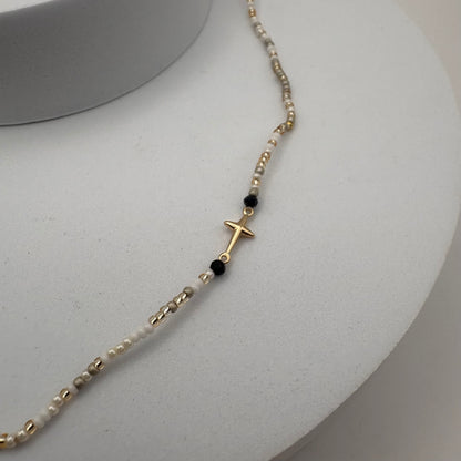 Aurora Crafted Style-Beaded Cross Necklace in Soft Neutrals (Gold)-NECKLACES-Aurora Crafted Jewellery-