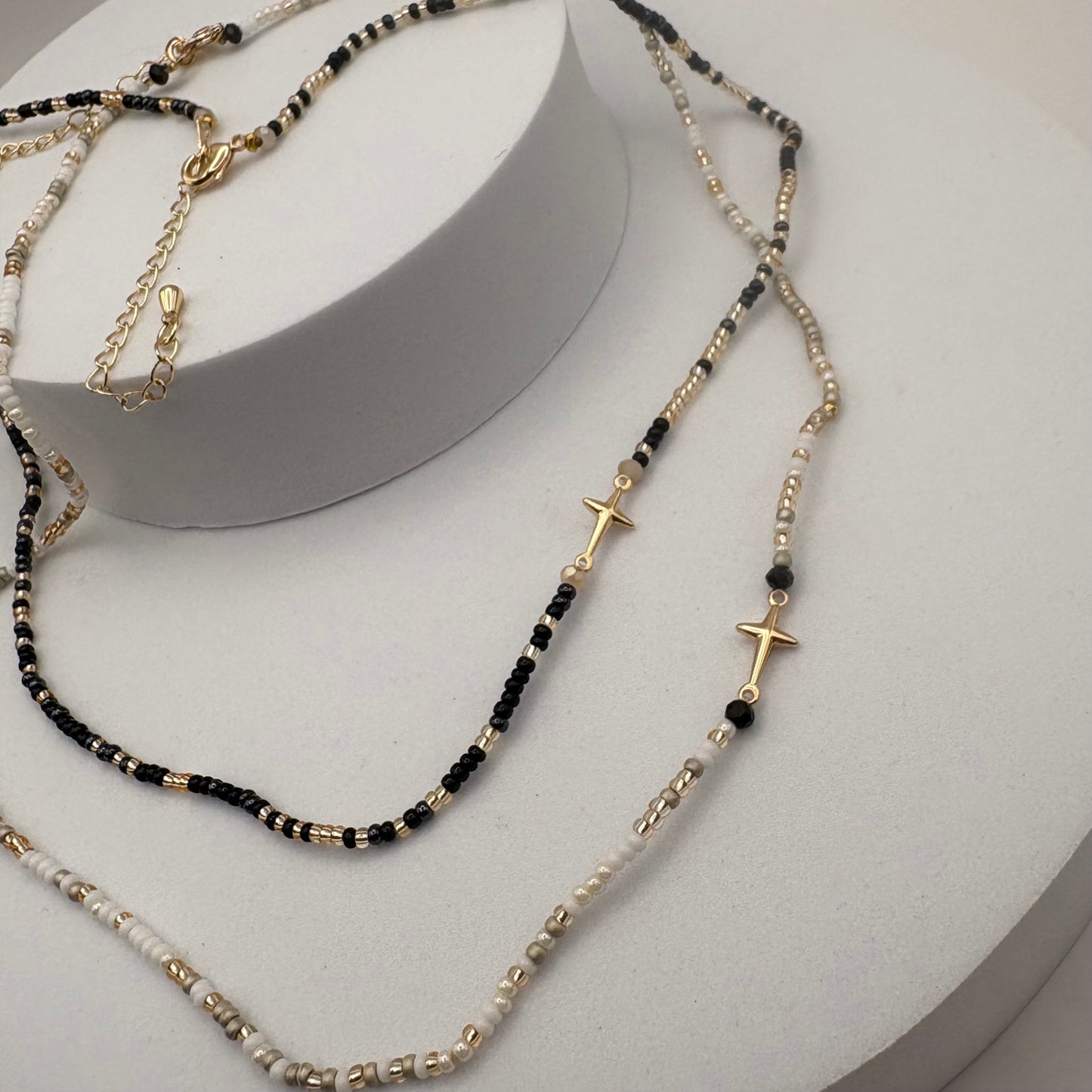 Aurora Crafted Style-Beaded Cross Necklace in Black & Gorgeous Grey (Gold)-NECKLACES-Aurora Crafted Jewellery-