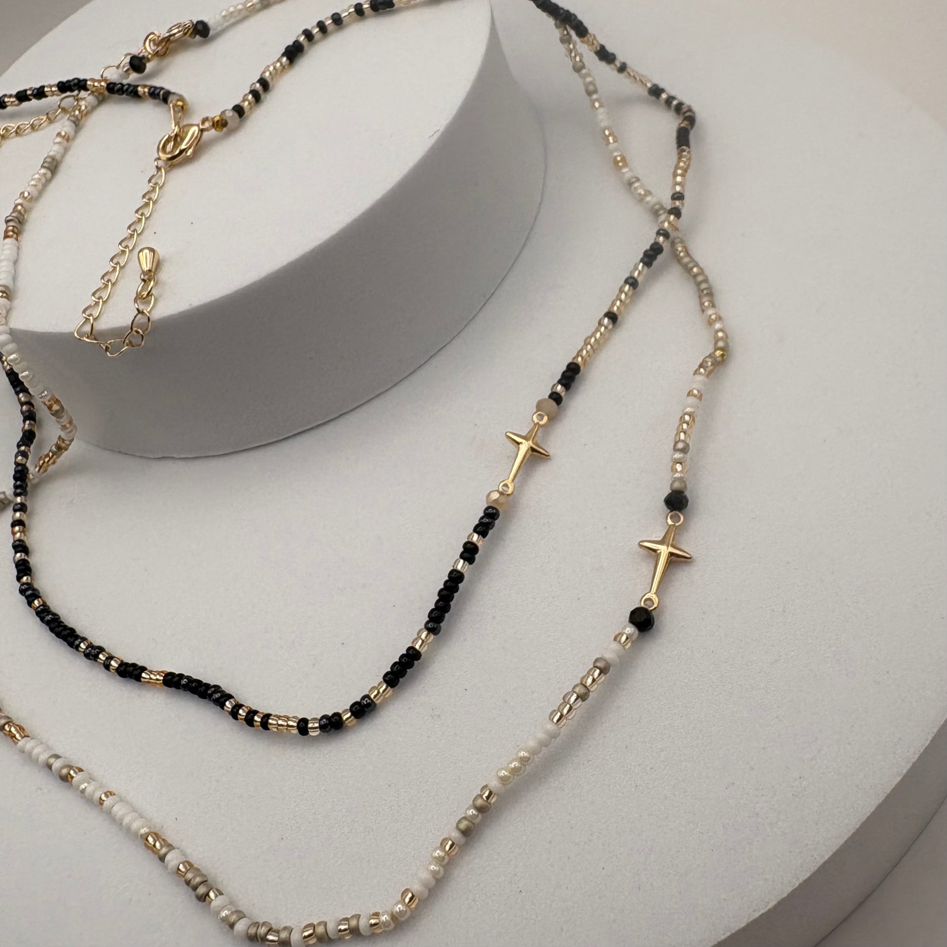 Aurora Crafted Style-Beaded Cross Necklace in Black & Gorgeous Grey (Gold)-NECKLACES-Aurora Crafted Jewellery-