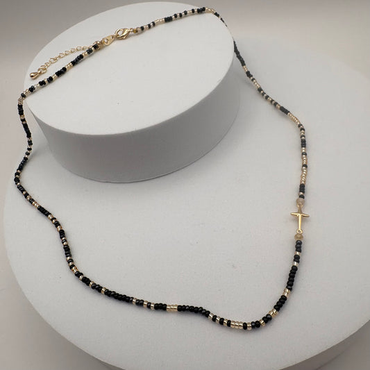 Aurora Crafted Style-Beaded Cross Necklace in Black & Gorgeous Grey (Gold)-NECKLACES-Aurora Crafted Jewellery-