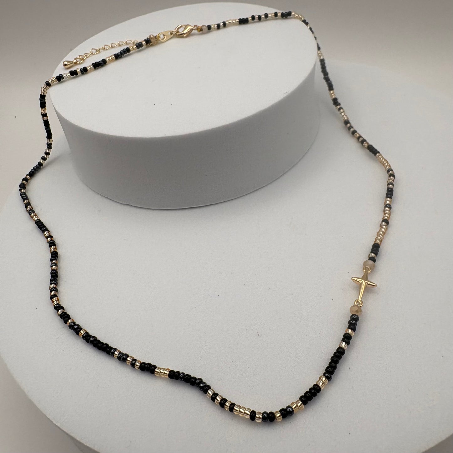 Aurora Crafted Style-Beaded Cross Necklace in Black & Gorgeous Grey (Gold)-NECKLACES-Aurora Crafted Jewellery-