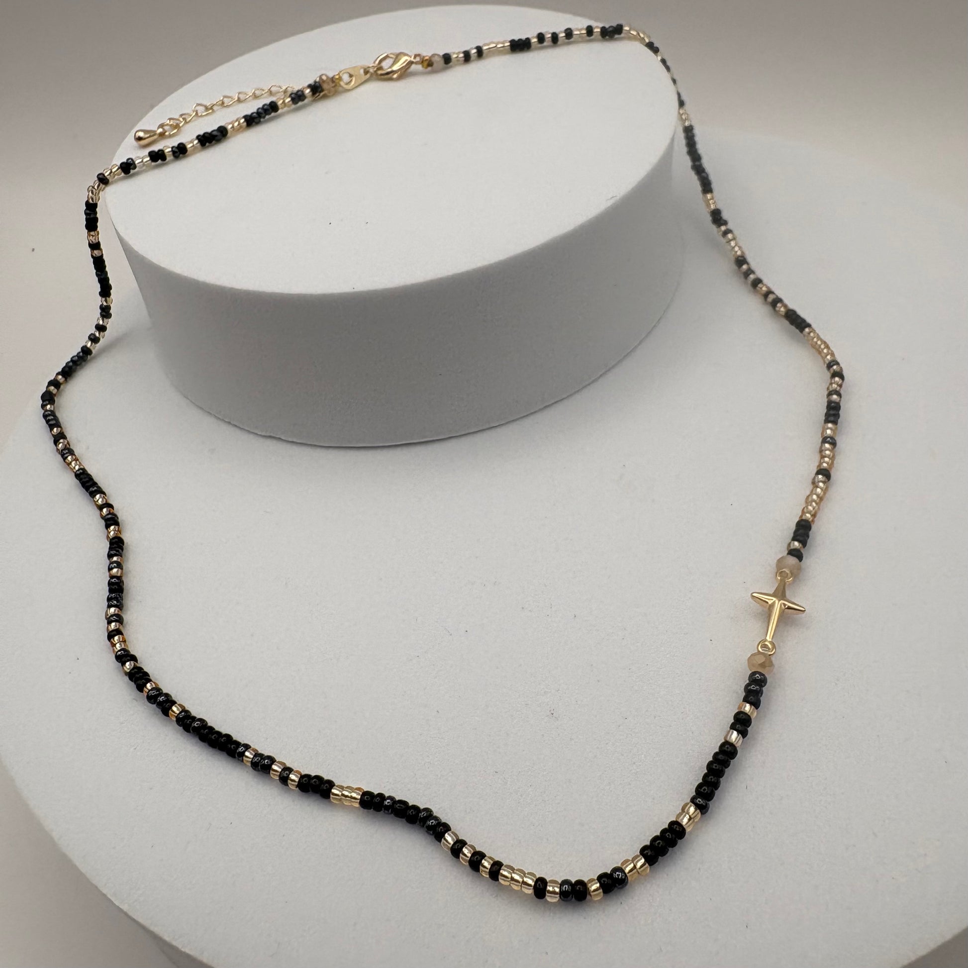 Aurora Crafted Style-Beaded Cross Necklace in Black & Gorgeous Grey (Gold)-NECKLACES-Aurora Crafted Jewellery-