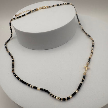 Aurora Crafted Style-Beaded Cross Necklace in Black & Gorgeous Grey (Gold)-NECKLACES-Aurora Crafted Jewellery-
