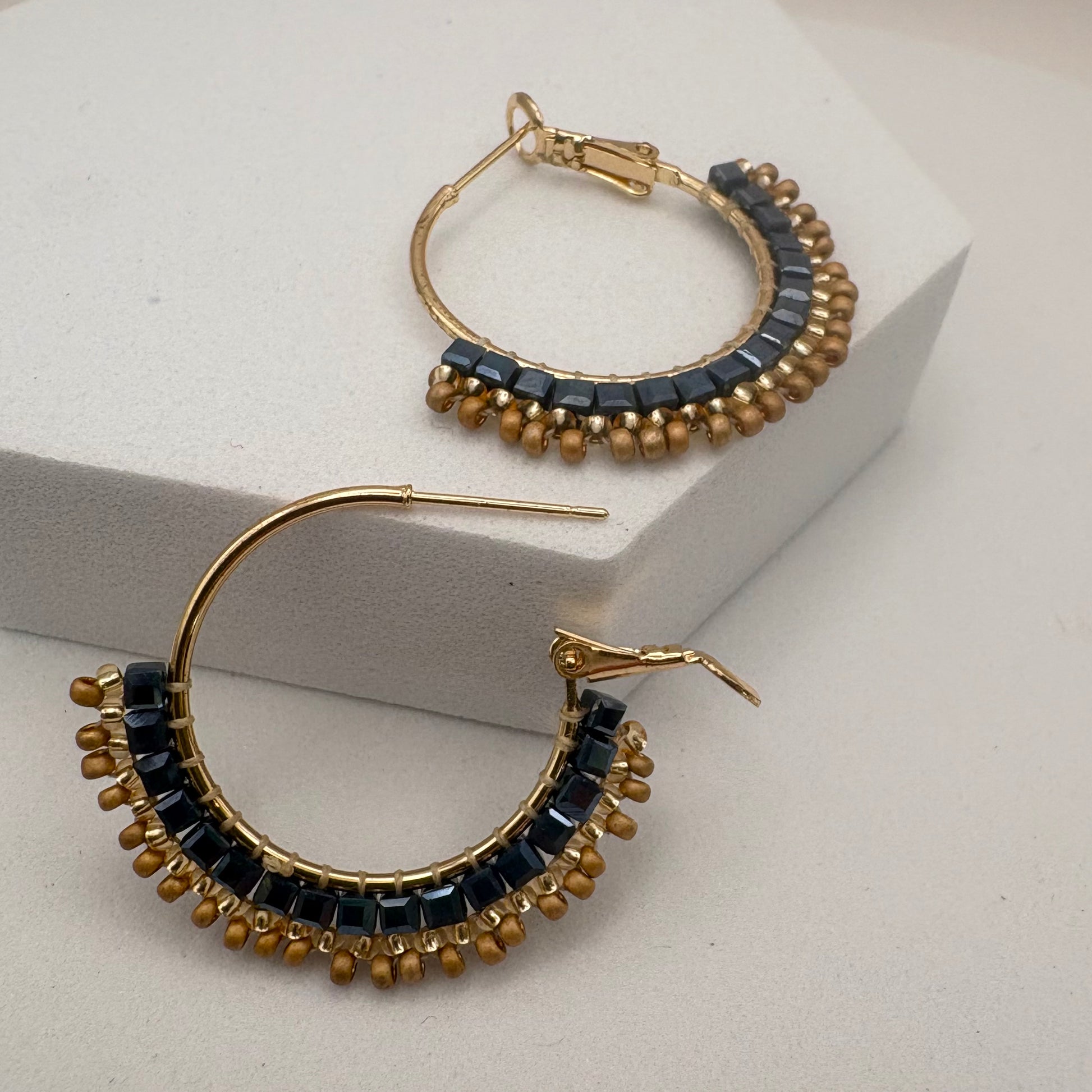 Aurora Crafted Style-Mosaic Hoop in Denim & Sand (Gold)-Earrings-Aurora Crafted Jewellery-