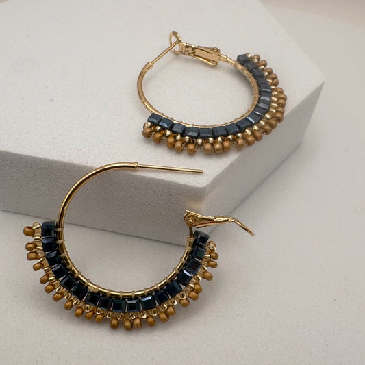 Aurora Crafted Style-Mosaic Hoop in Denim & Sand (Gold)-Earrings-Aurora Crafted Jewellery-