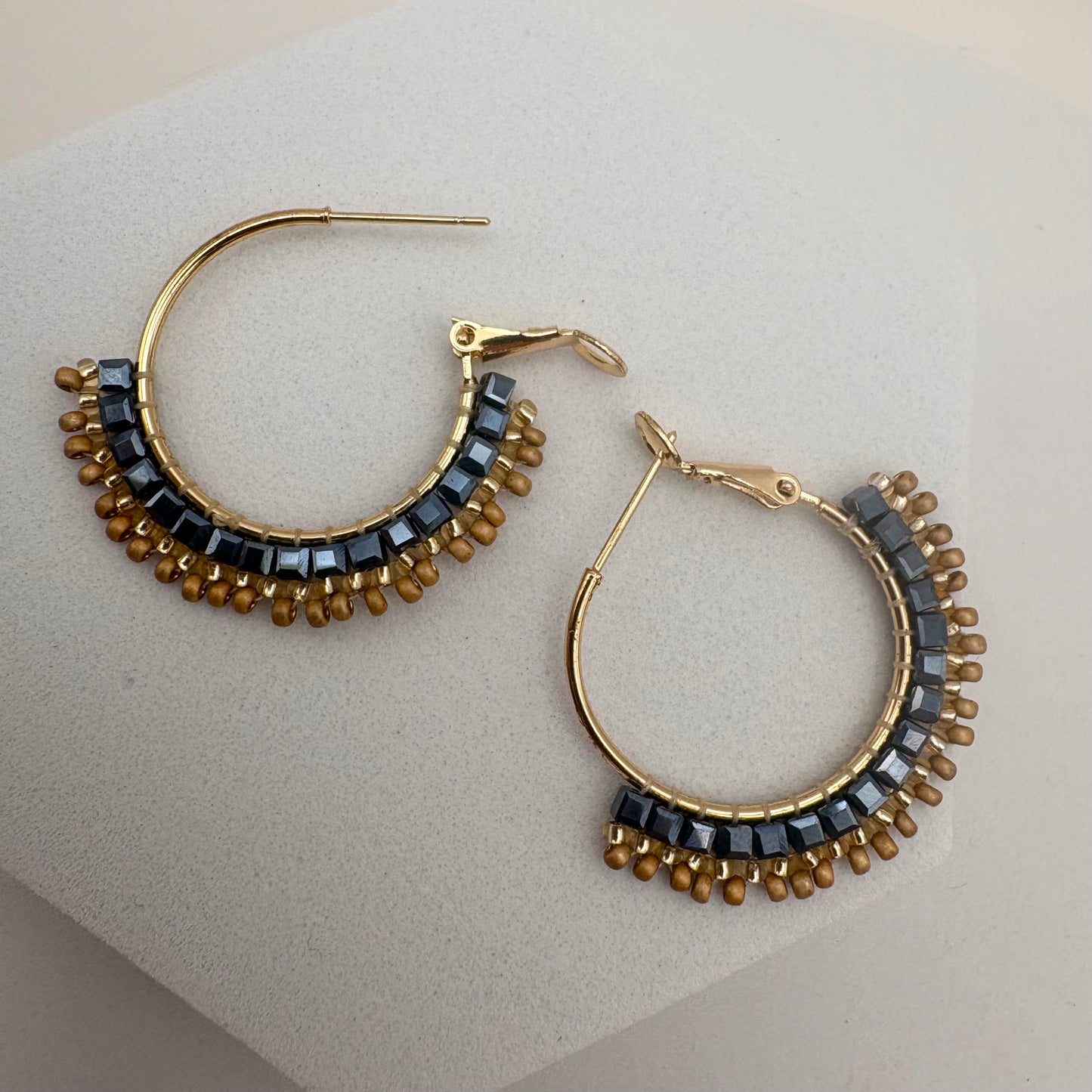 Aurora Crafted Style-Mosaic Hoop in Denim & Sand (Gold)-Earrings-Aurora Crafted Jewellery-