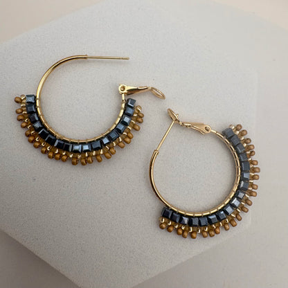 Aurora Crafted Style-Mosaic Hoop in Denim & Sand (Gold)-Earrings-Aurora Crafted Jewellery-