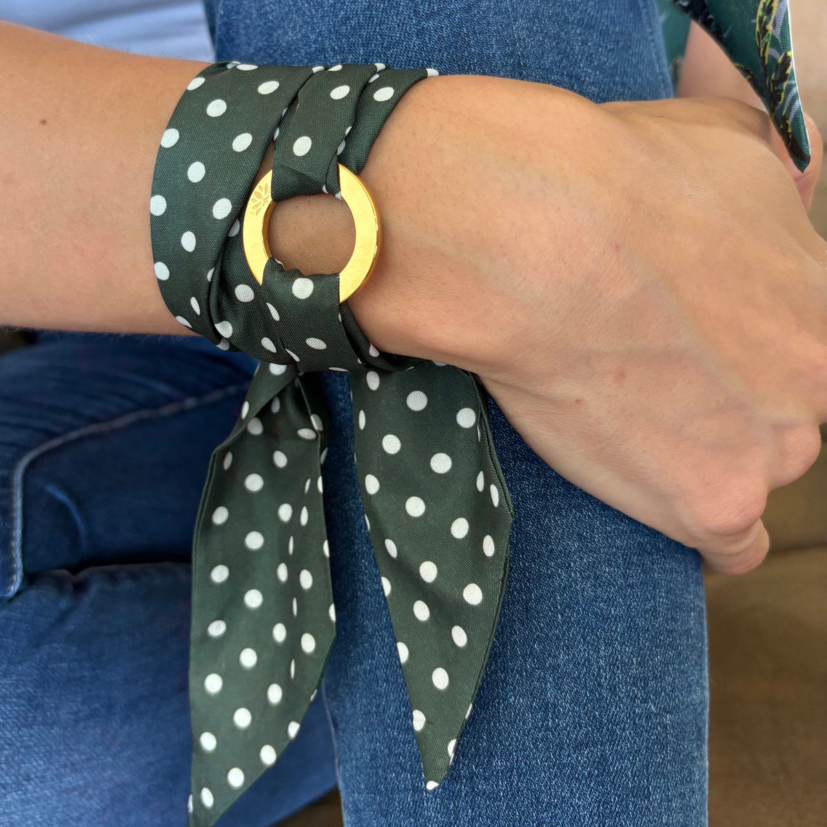 Aurora Crafted Style-Scarflet in Emerald & White Polka Dot (Gold)-BRACELETS-Aurora Crafted Jewellery-