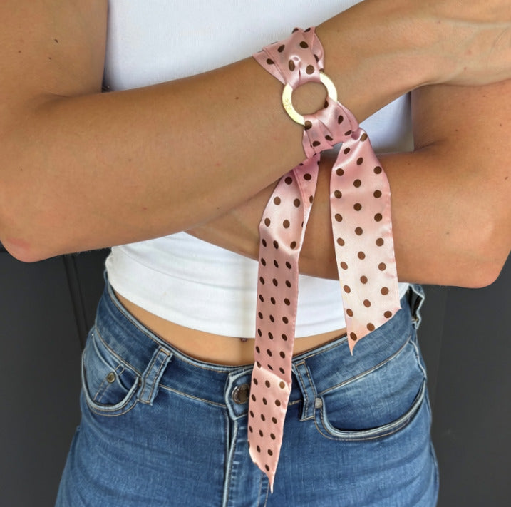 Aurora Crafted Style-Scarflet in Pink & Brown Polka Dot (Gold)-BRACELETS-Aurora Crafted Jewellery-
