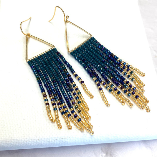 Aurora Crafted Style-Peacock Teal Ombre Triangle (Gold)-Earrings-Aurora Crafted Jewellery-
