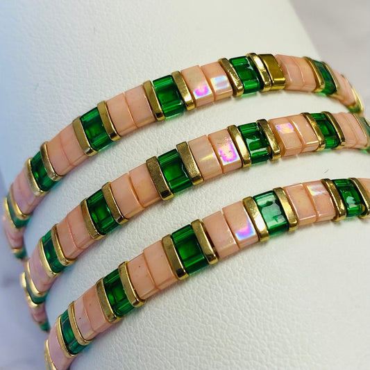 Aurora Crafted Style-Tila Bracelet Pink & Green-BRACELETS-Aurora Crafted Jewellery-