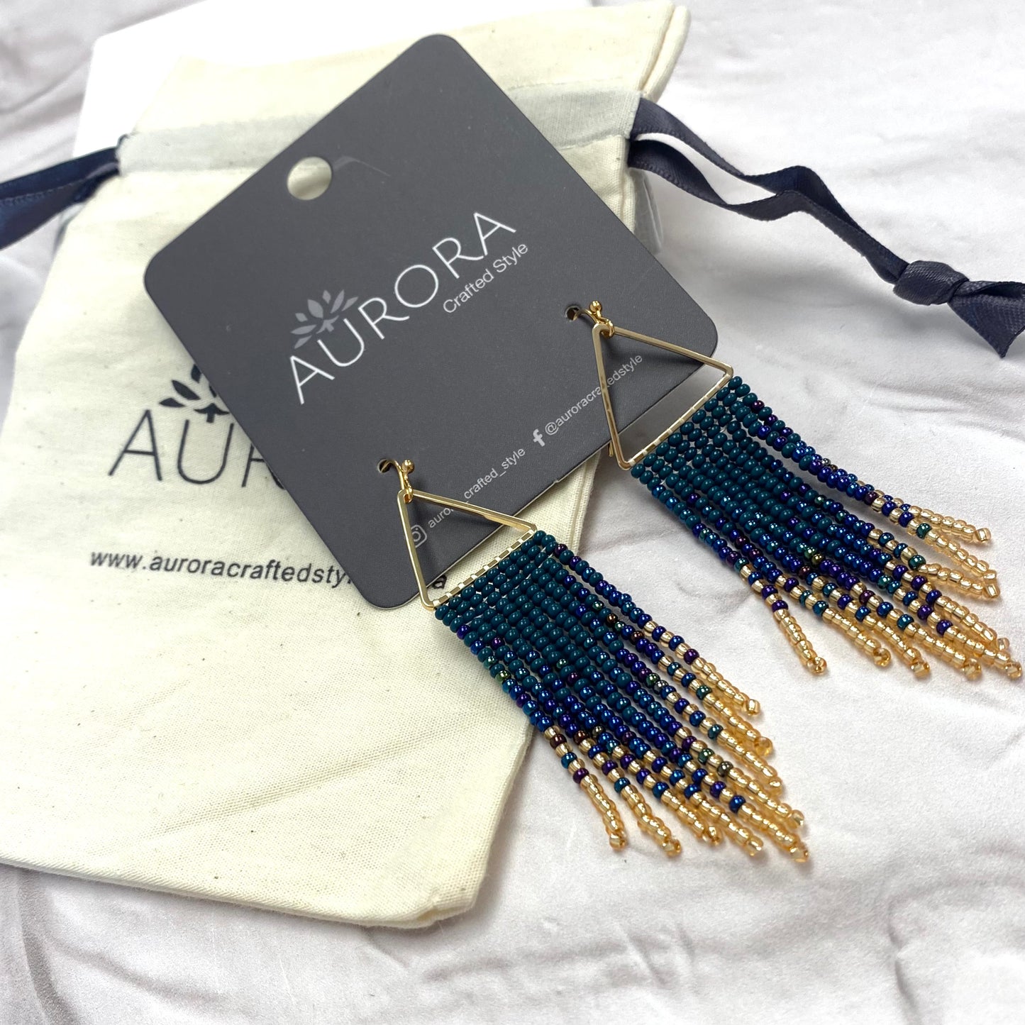 Aurora Crafted Style-Peacock Teal Ombre Triangle (Gold)-Earrings-Aurora Crafted Jewellery-